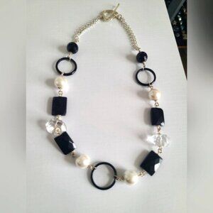 Vintage Sterling Silver Resin Black Chunky Beaded Crystal Pearl Necklace